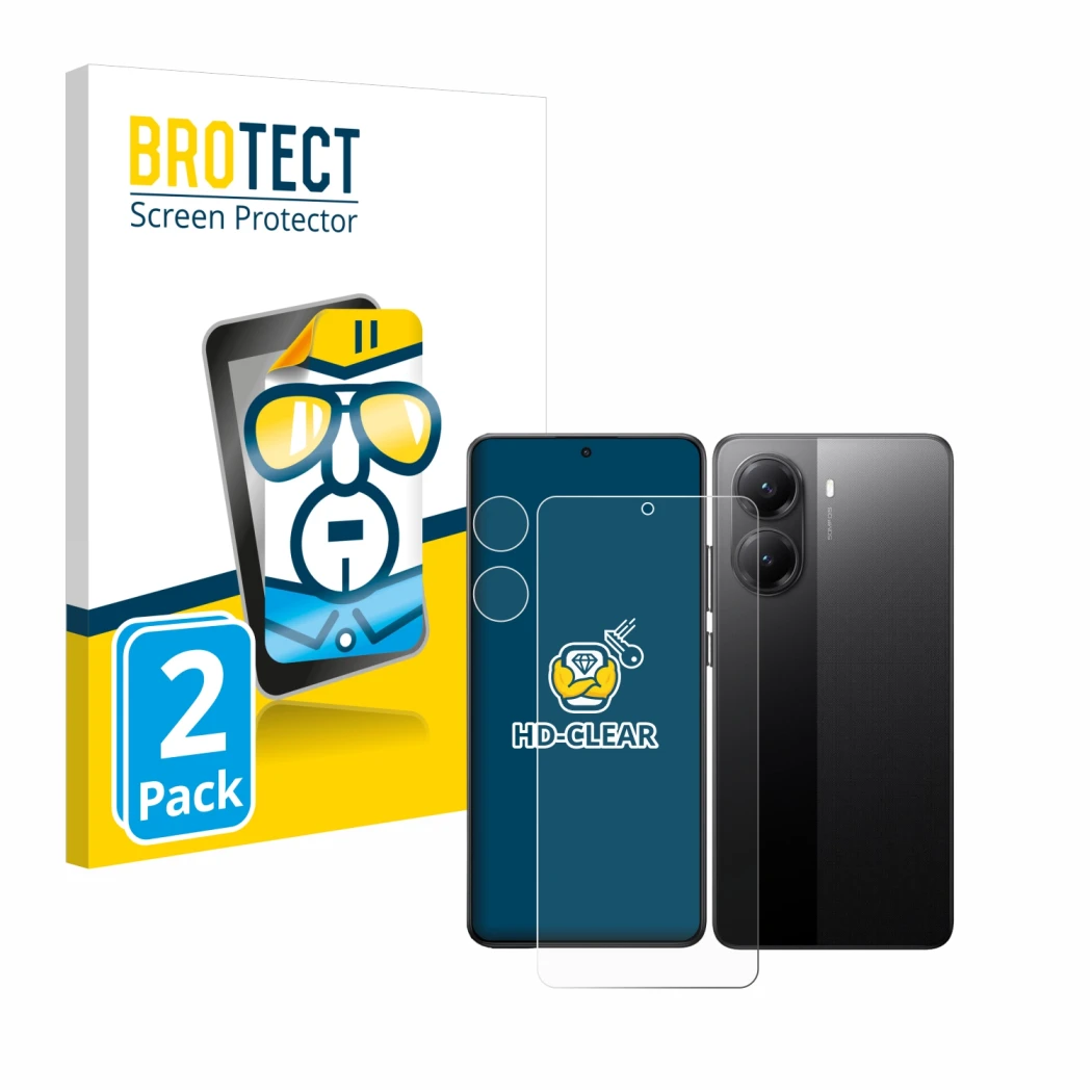Front side of a product packaging with the brand logo BROTECT. Next to it is the device Xiaomi Poco X7 Pro (Front+Camera) show