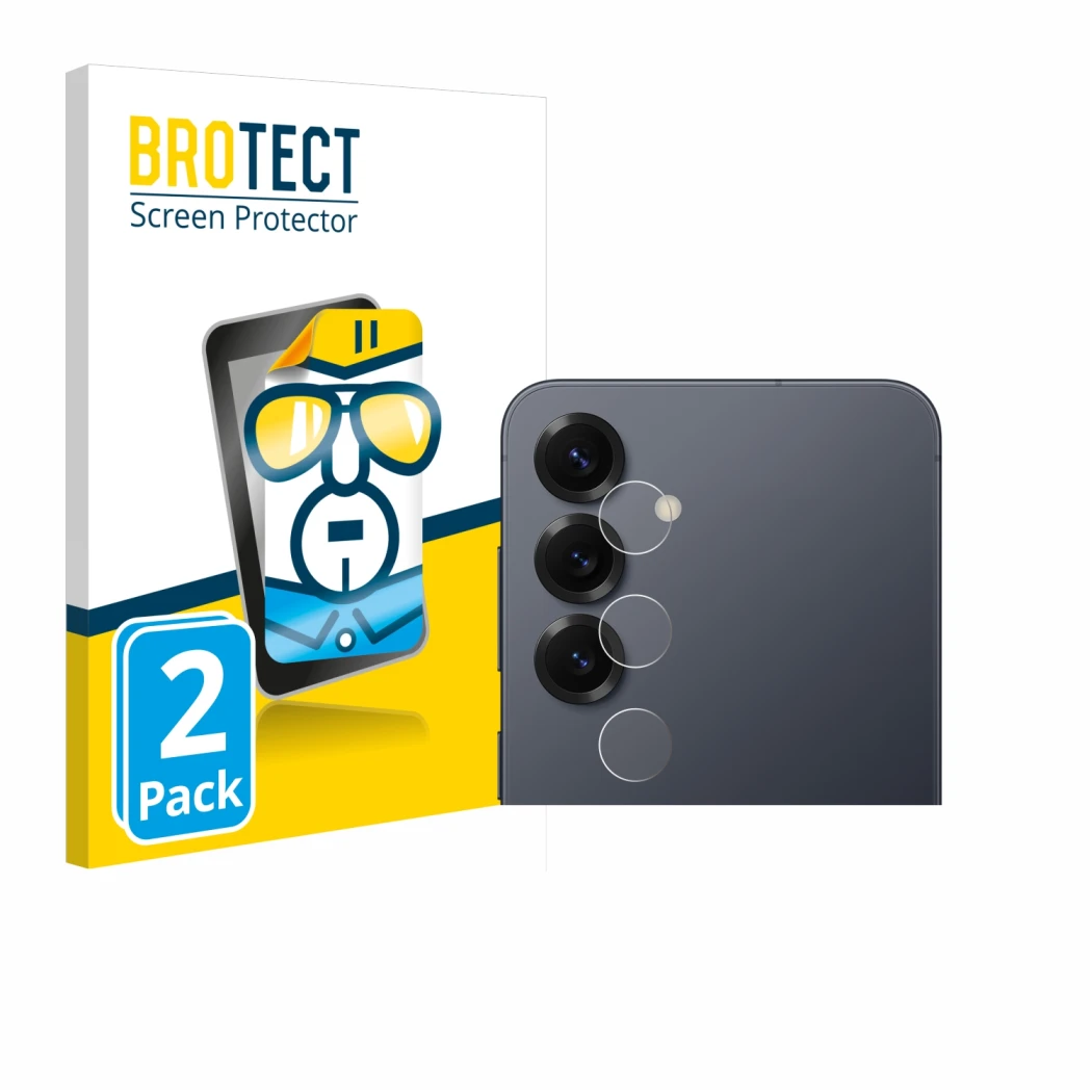 Front side of a product packaging with the brand logo BROTECT. Next to it is the device Samsung Galaxy S25 (ONLY Camera Lens) 