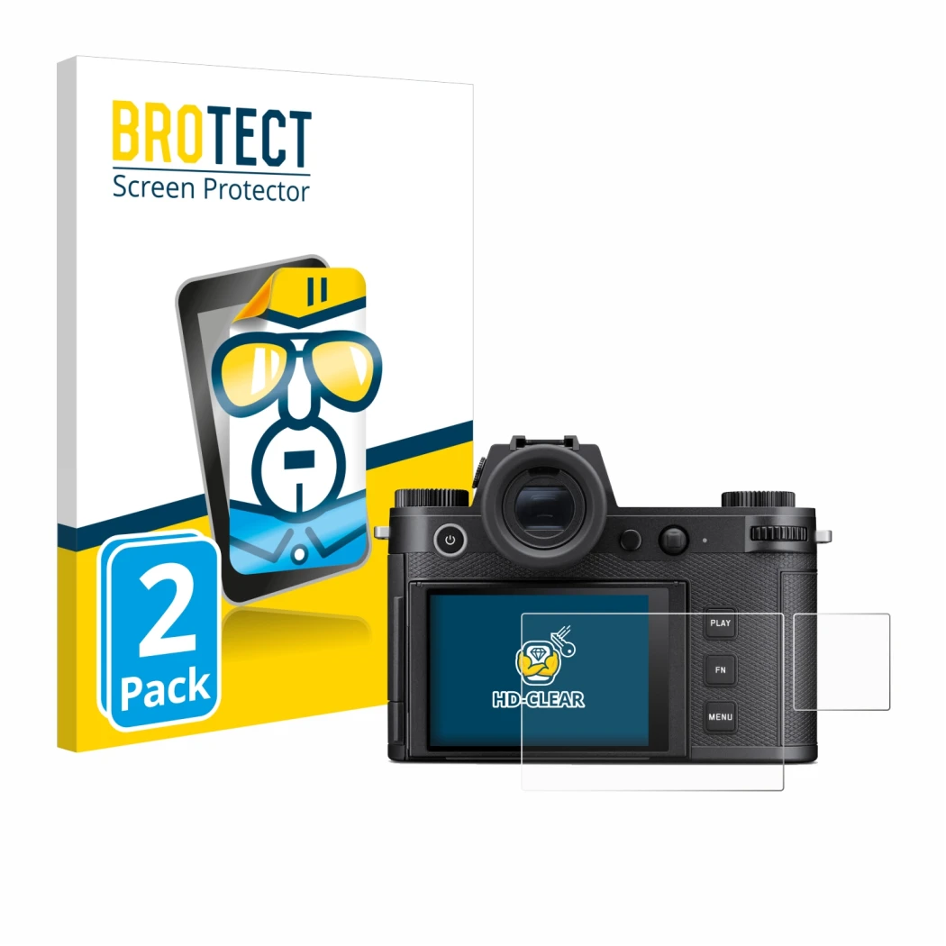 Front side of a product packaging with the brand logo BROTECT. Next to it is the device Leica SL3-S (Display + top plate displ