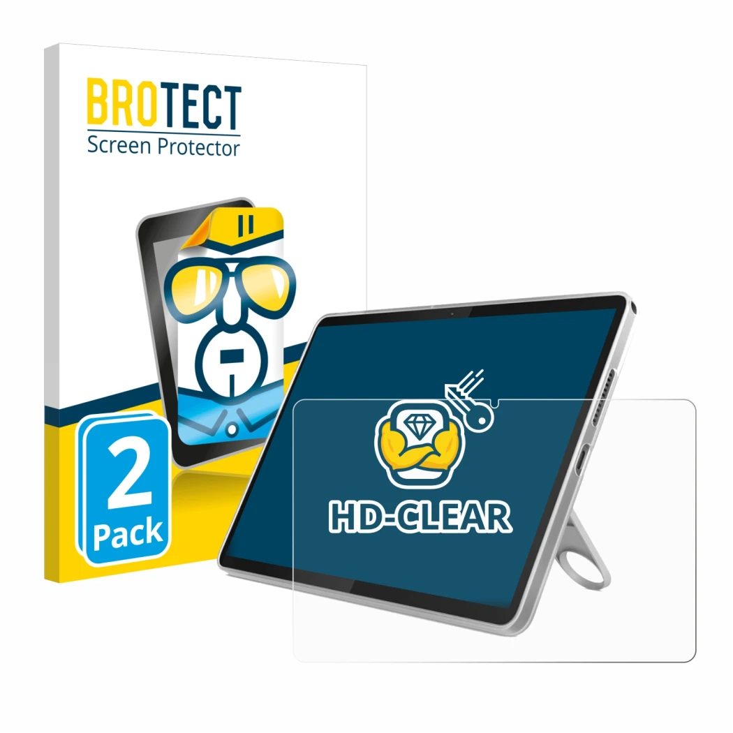 Front side of a product packaging with the brand logo BROTECT. Next to it is the device Lenovo Tab 10.1