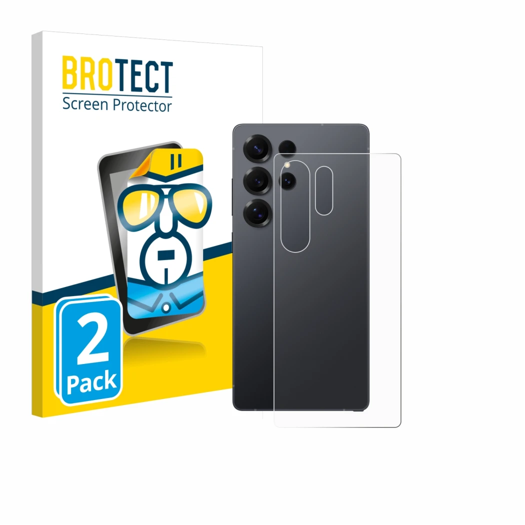 Front side of a product packaging with the brand logo BROTECT. Next to it is the device Samsung Galaxy S25 Ultra (Back) shown 