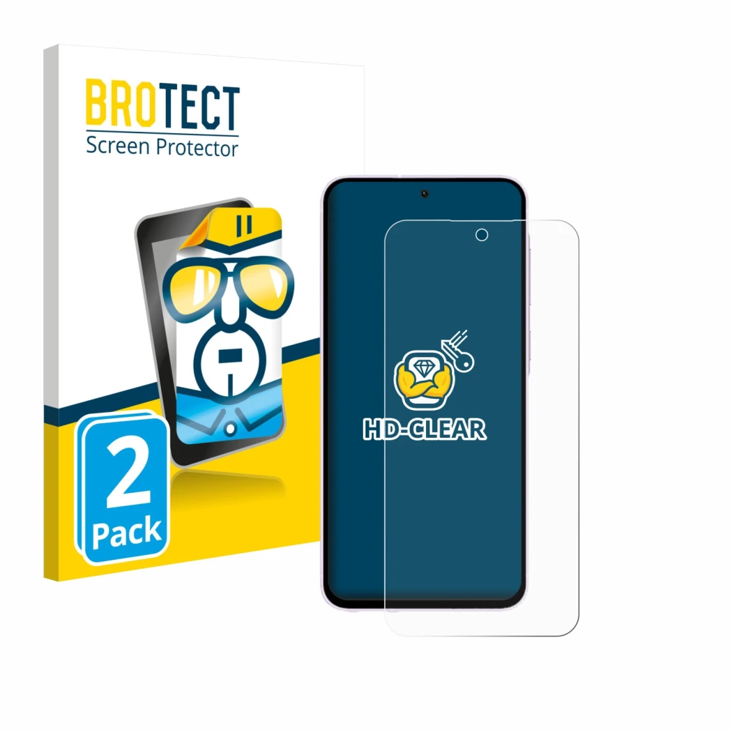 Front side of a product packaging with the brand logo BROTECT. Next to it is the device Samsung Galaxy A56 5G shown with the c