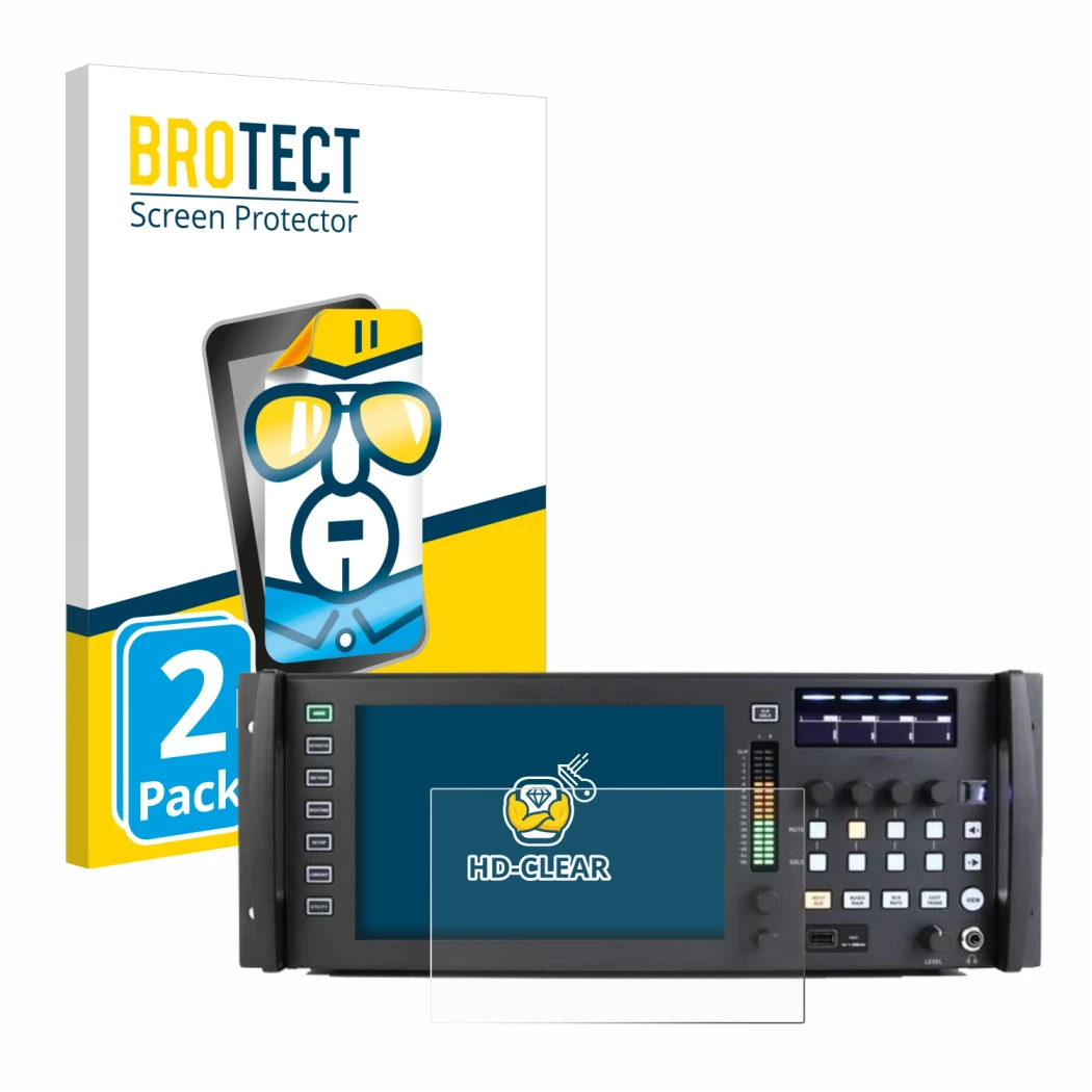 Front side of a product packaging with the brand logo BROTECT. Next to it is the device Behringer Wing Rack shown with the cor