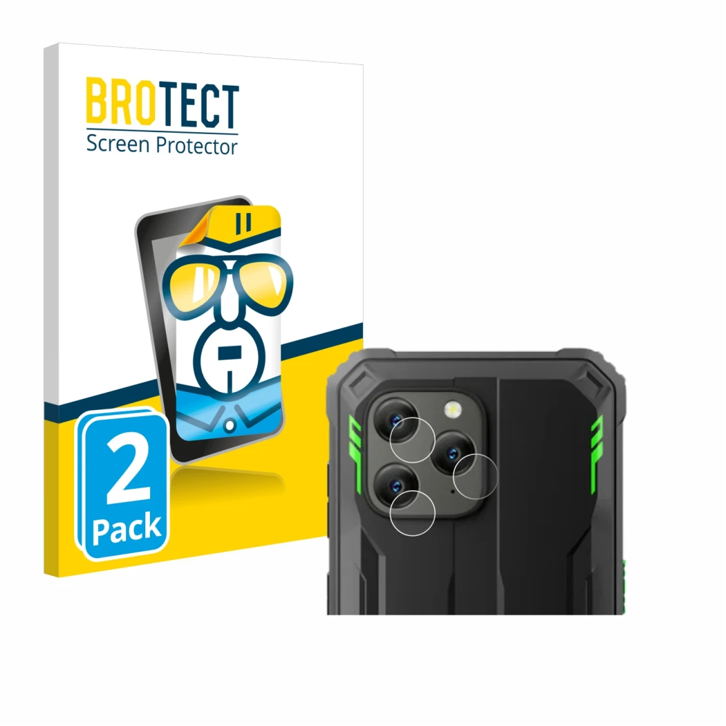 Front side of a product packaging with the brand logo BROTECT. Next to it is the device Blackview BV5300 Plus (ONLY Camera Len