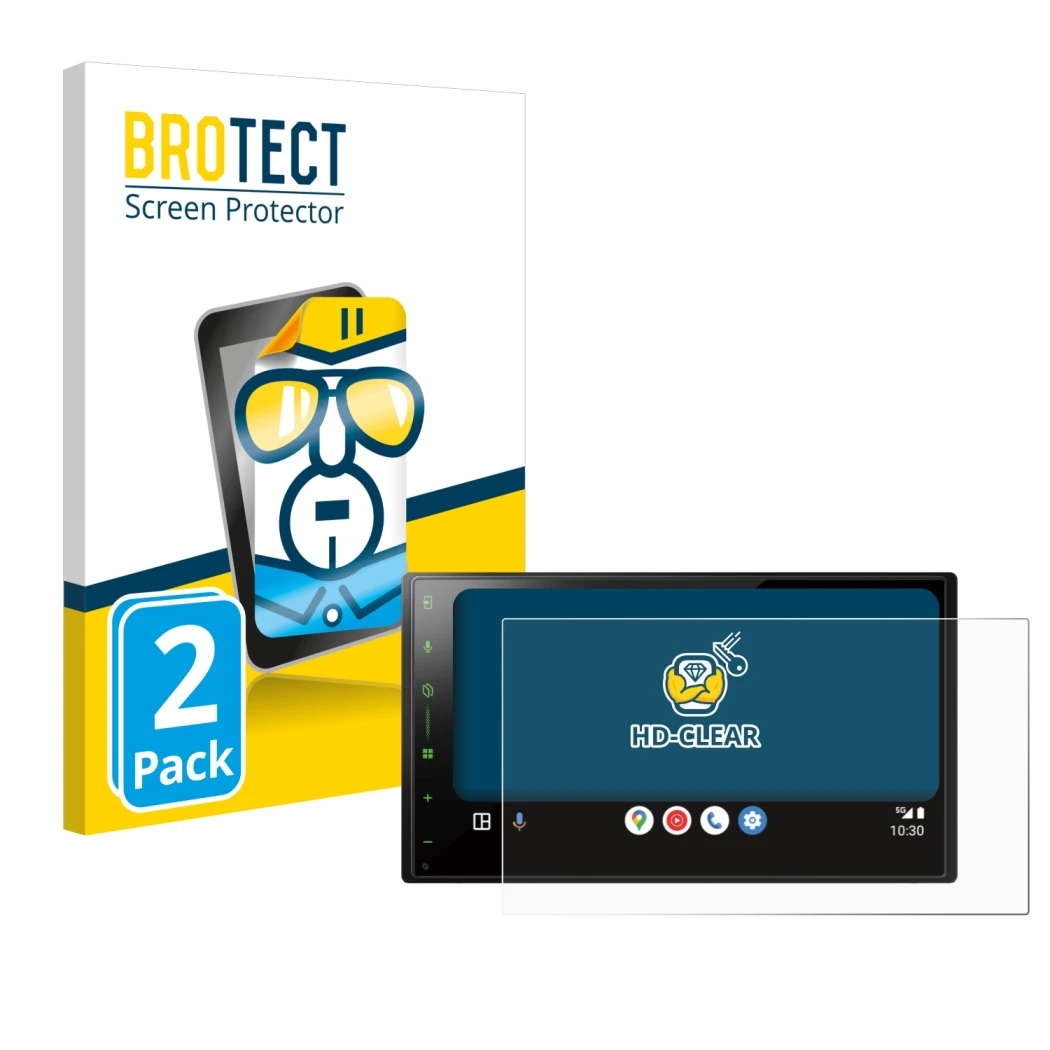 Front side of a product packaging with the brand logo BROTECT. Next to it is the device Pioneer SPH-DA77DAB shown with the cor