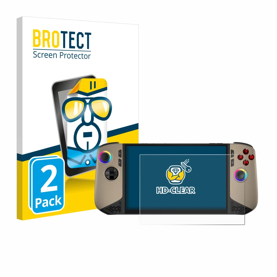 Front side of a product packaging with the brand logo BROTECT. Next to it is the device MSI Claw 8 AI+ shown with the correspo