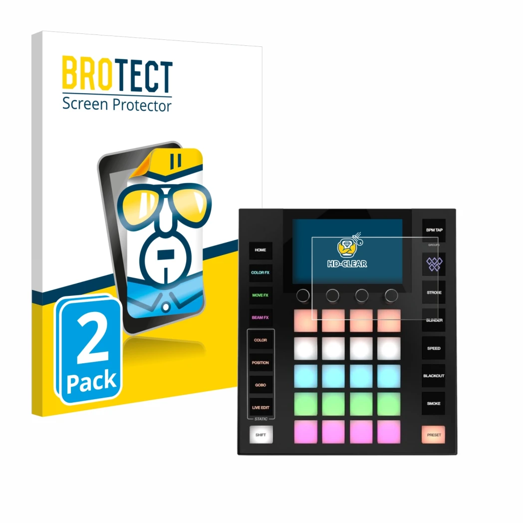 Front side of a product packaging with the brand logo BROTECT. Next to it is the device Wolfmix W1 MK2 shown with the correspo
