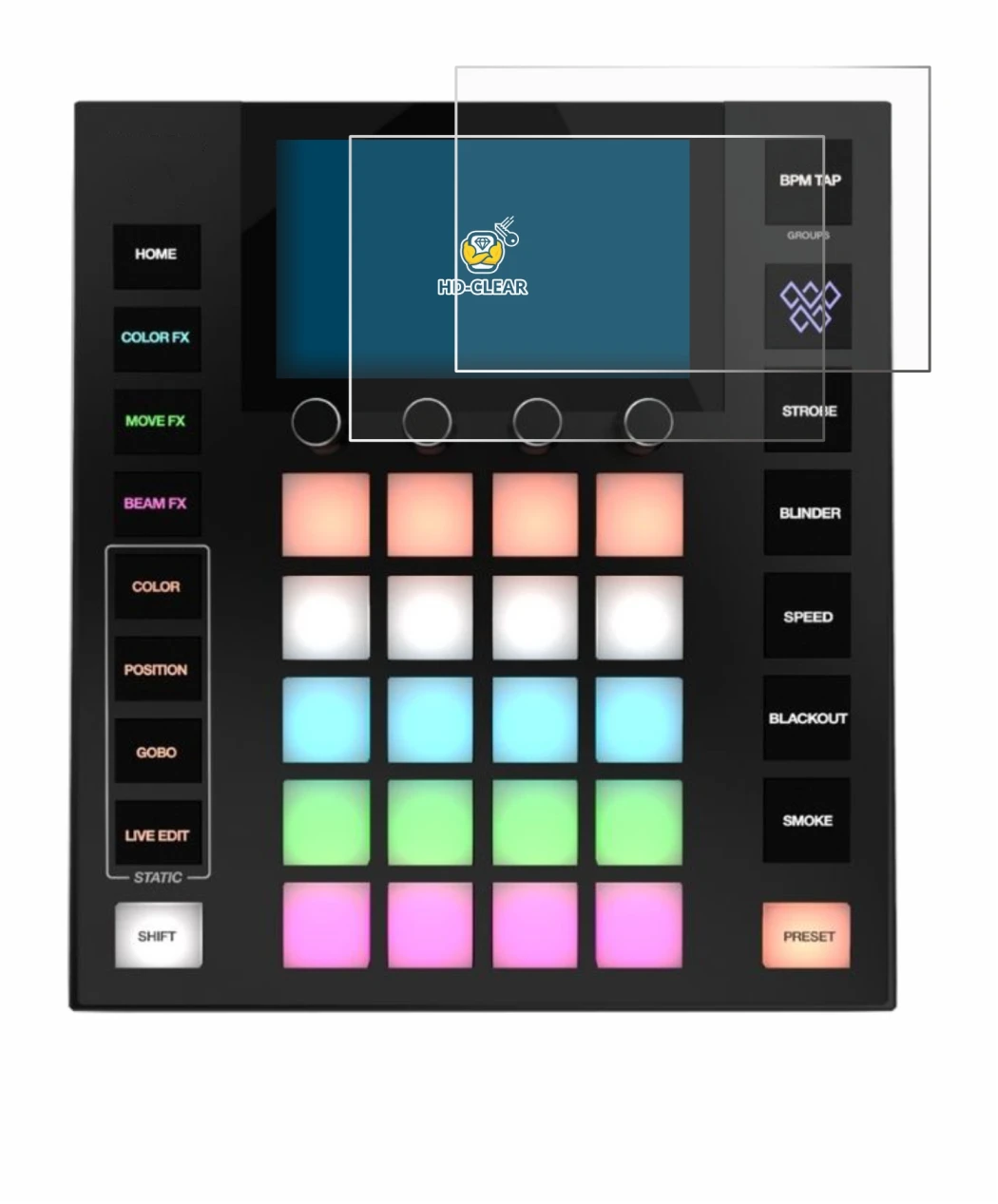 Image of the device Wolfmix W1 MK2 with a wide variety of screen protectors.