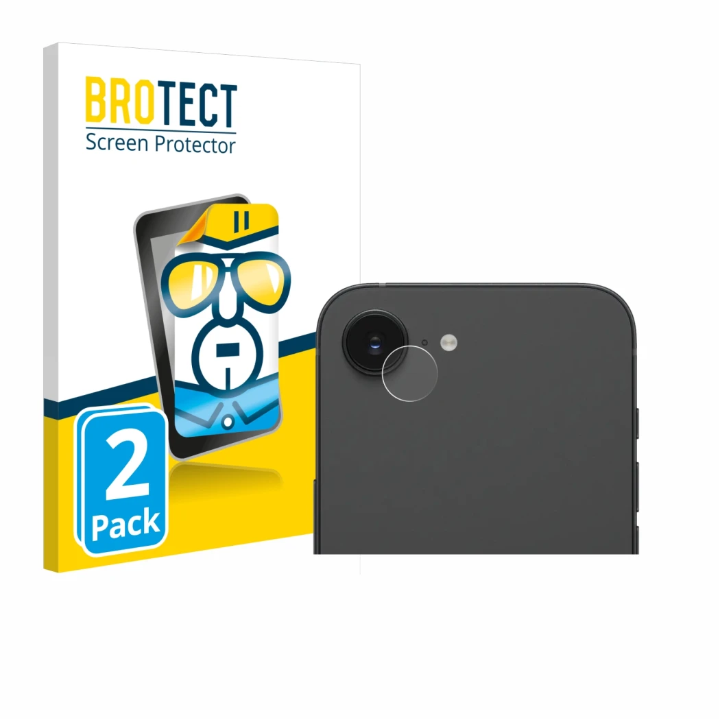 Front side of a product packaging with the brand logo BROTECT. Next to it is the device Apple iPhone 16e (ONLY Camera Lens) sh