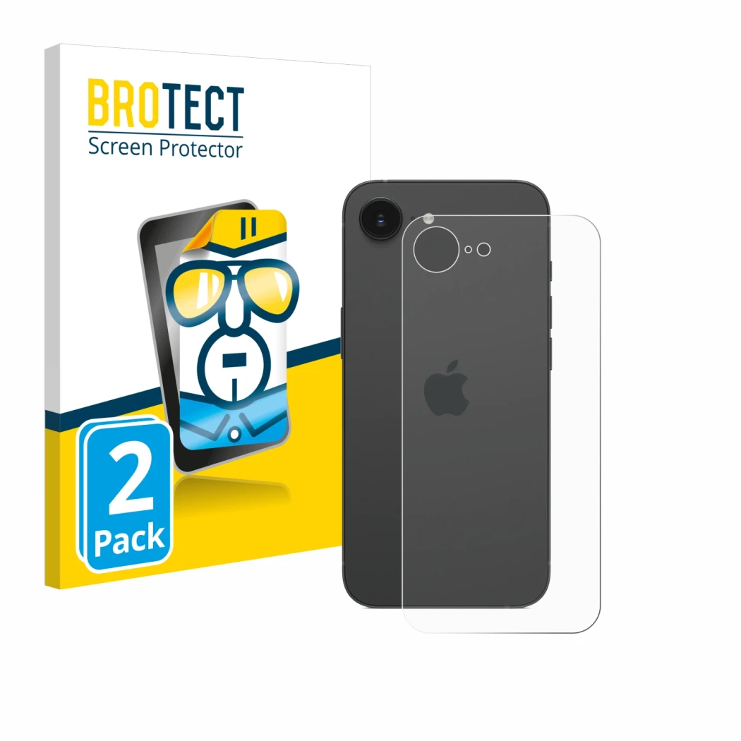 Front side of a product packaging with the brand logo BROTECT. Next to it is the device Apple iPhone 16e (Back) shown with the