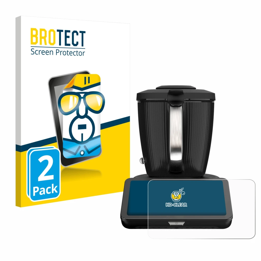 Front side of a product packaging with the brand logo BROTECT. Next to it is the device Vorwerk Thermomix TM7 shown with the c