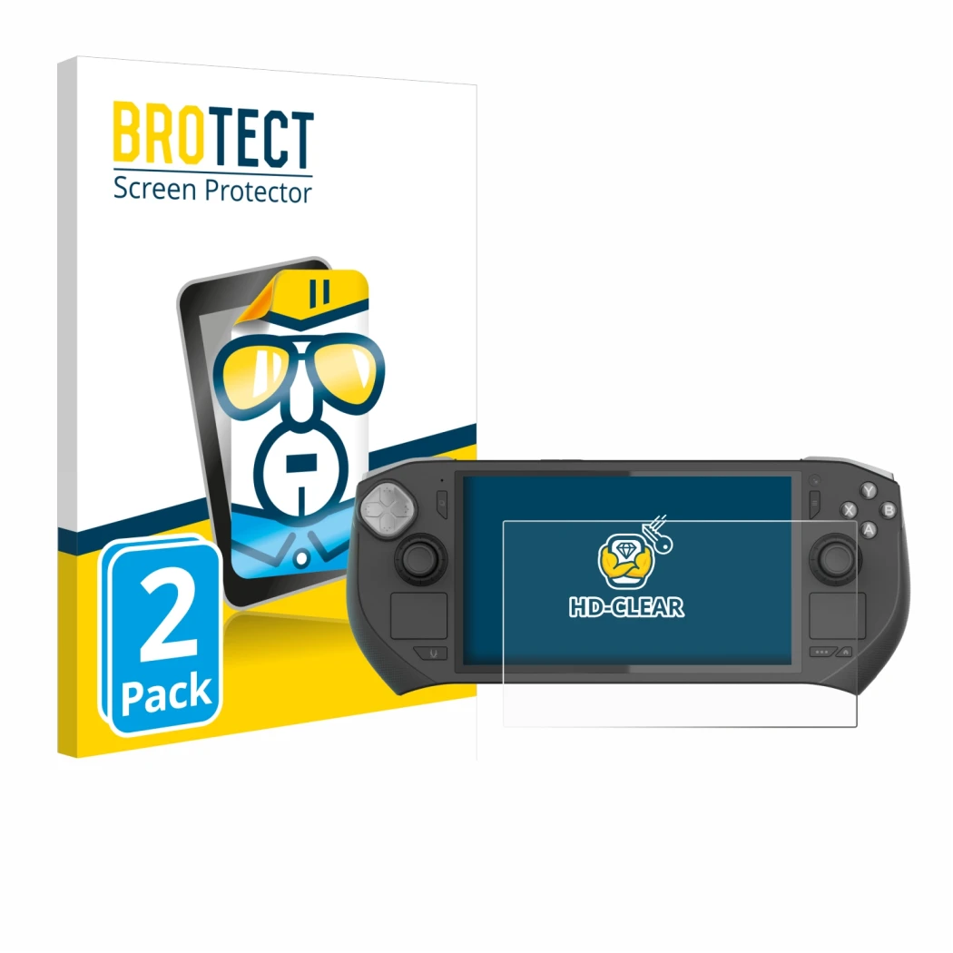 Front side of a product packaging with the brand logo BROTECT. Next to it is the device Zotac Gaming Zone shown with the corre
