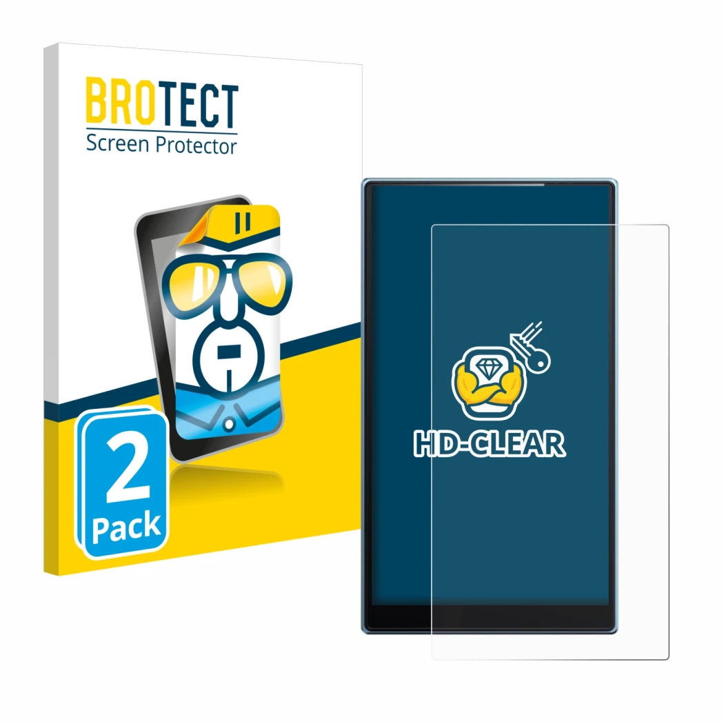 Front side of a product packaging with the brand logo BROTECT. Next to it is the device FiiO JM21 shown with the corresponding