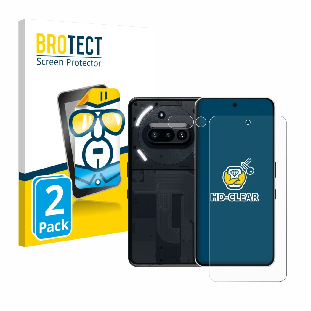 Front side of a product packaging with the brand logo BROTECT. Next to it is the device Nothing Phone (3a) (Front+Camera) show