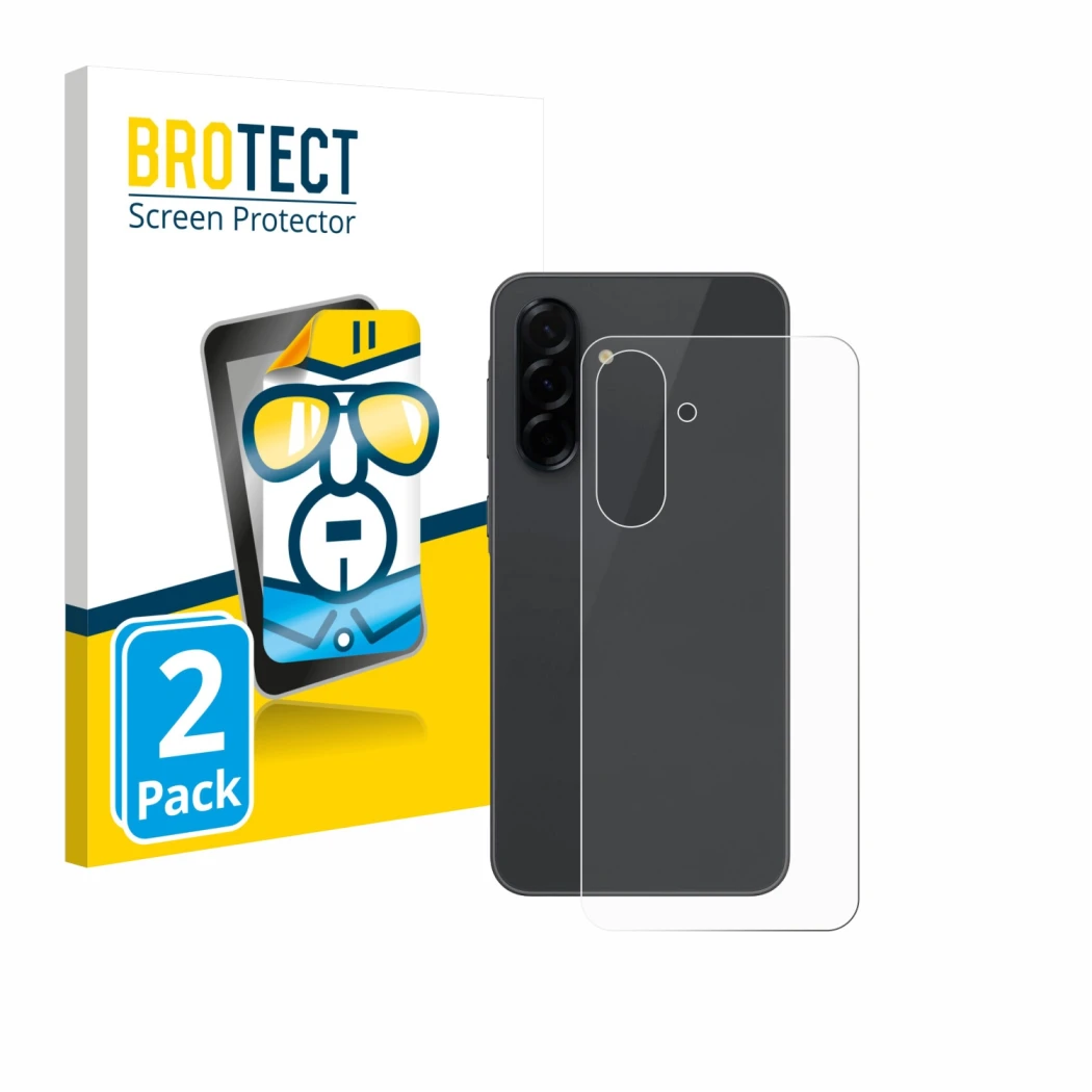 Front side of a product packaging with the brand logo BROTECT. Next to it is the device Samsung Galaxy A36 5G (Back) shown wit