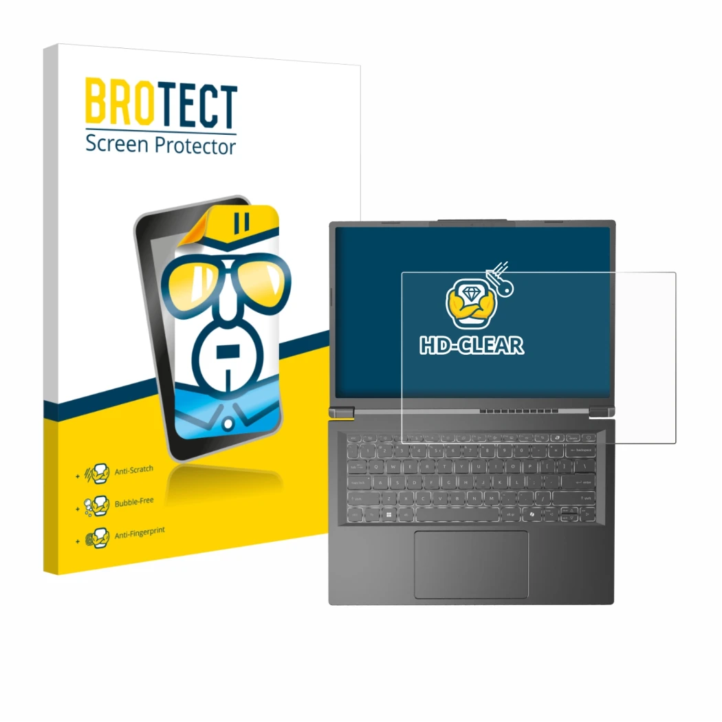 Front side of a product packaging with the brand logo BROTECT. Next to it is the device Acer Aspire 14 AI shown with the corre