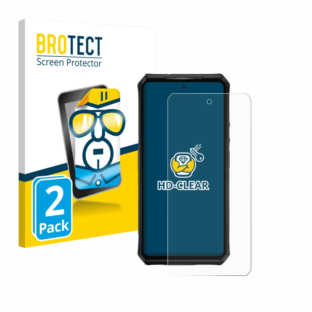 Front side of a product packaging with the brand logo BROTECT. Next to it is the device Ulefone Armor 28 Ultra Thermal shown w