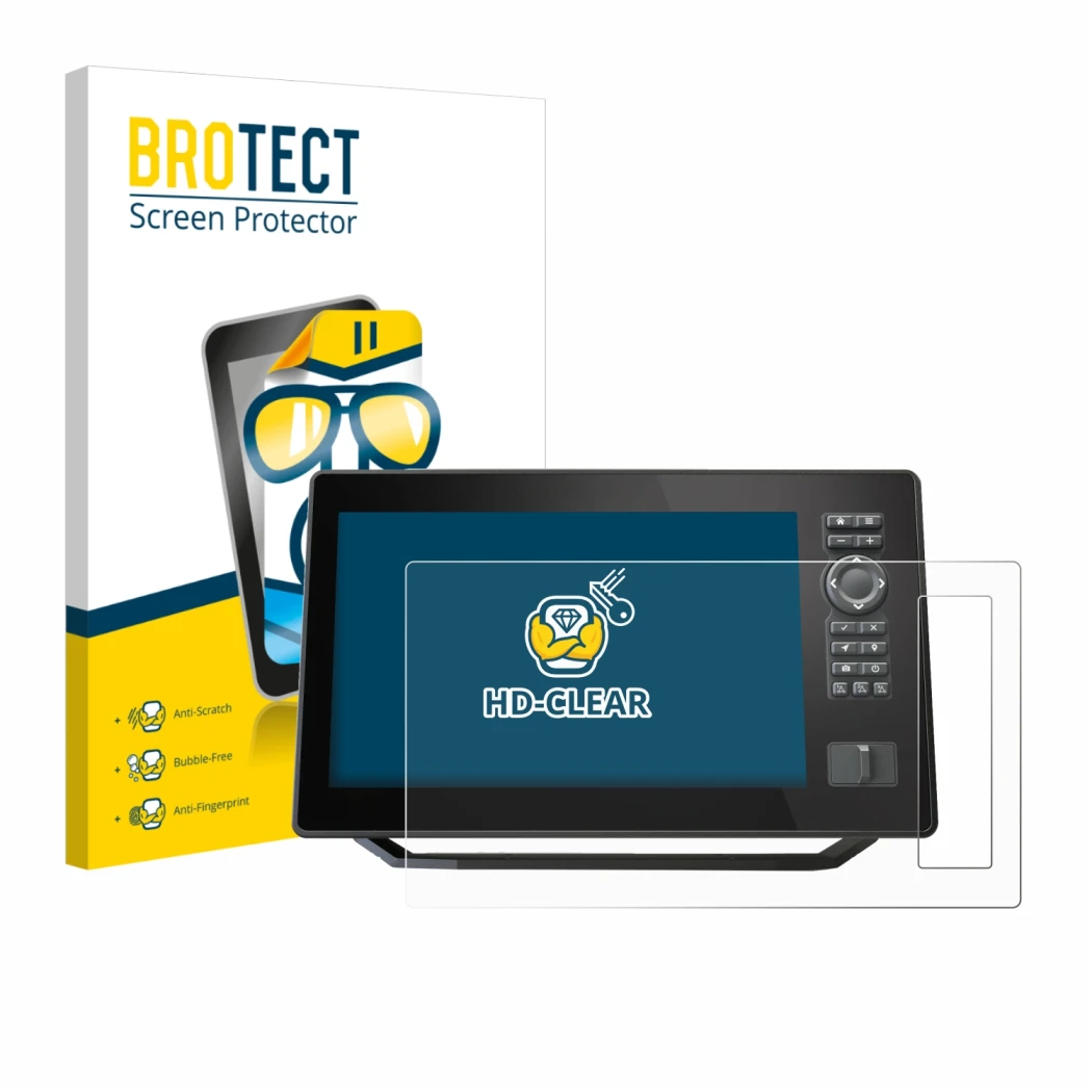 Front side of a product packaging with the brand logo BROTECT. Next to it is the device Humminbird Xplore 10 shown with the co