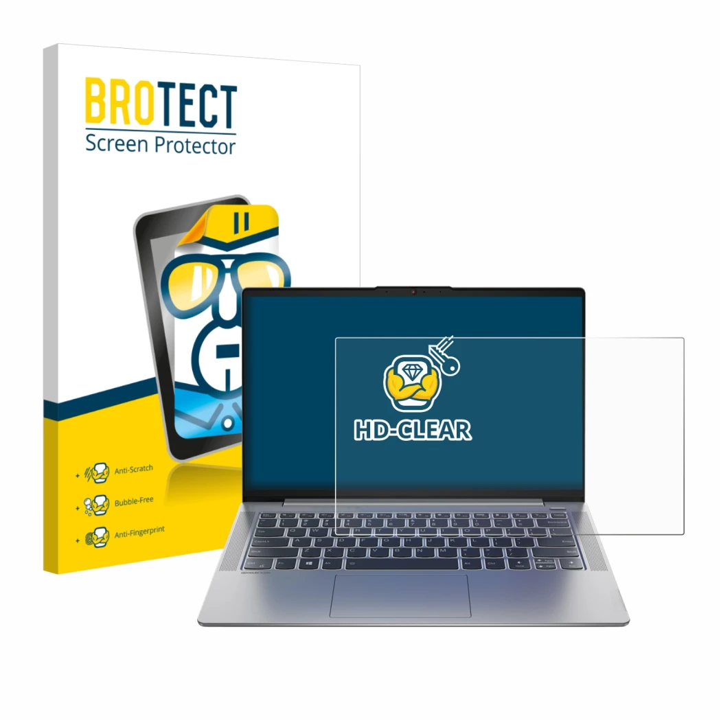 Front side of a product packaging with the brand logo BROTECT. Next to it is the device Lenovo IdeaPad 5 14ALC05 shown with th