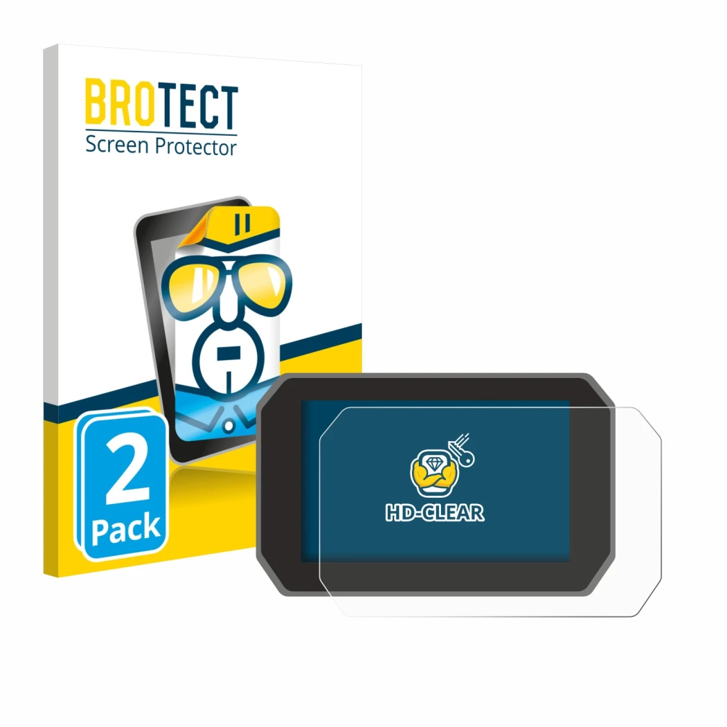 Front side of a product packaging with the brand logo BROTECT. Next to it is the device Yamaha Tracer 9 GT+ 2025 shown with th