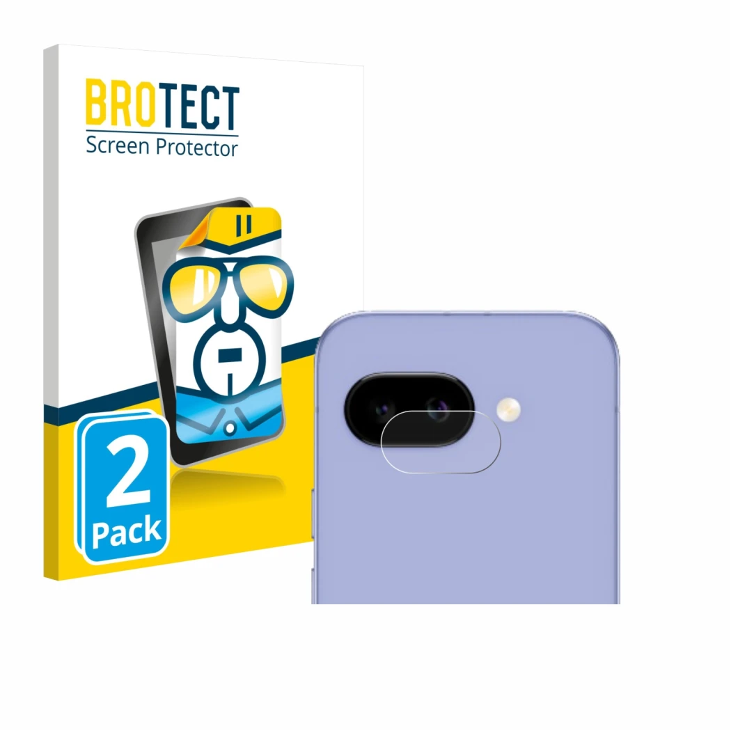 Front side of a product packaging with the brand logo BROTECT. Next to it is the device Google Pixel 9a (ONLY Camera Lens) sho