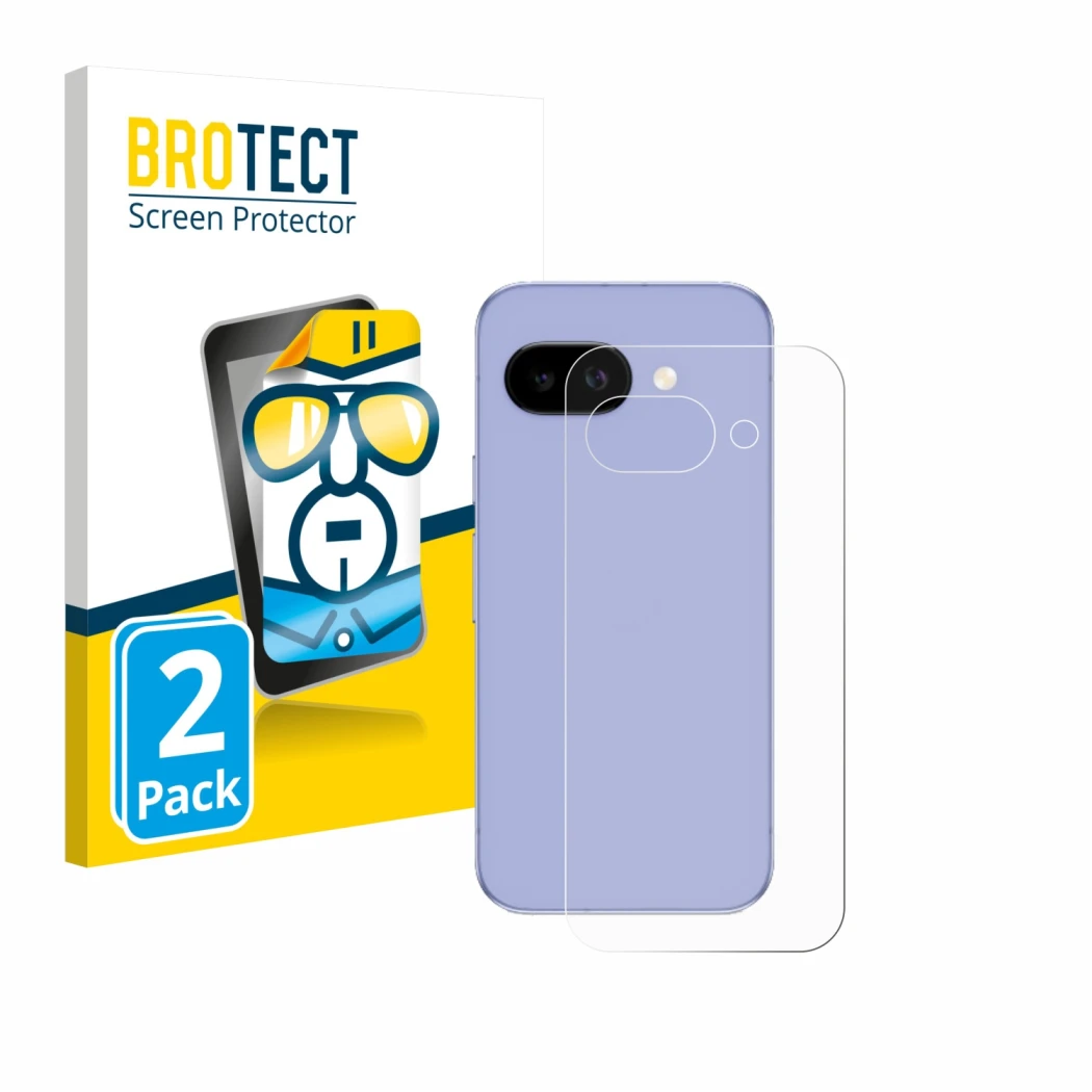 Front side of a product packaging with the brand logo BROTECT. Next to it is the device Google Pixel 9a (Back) shown with the 