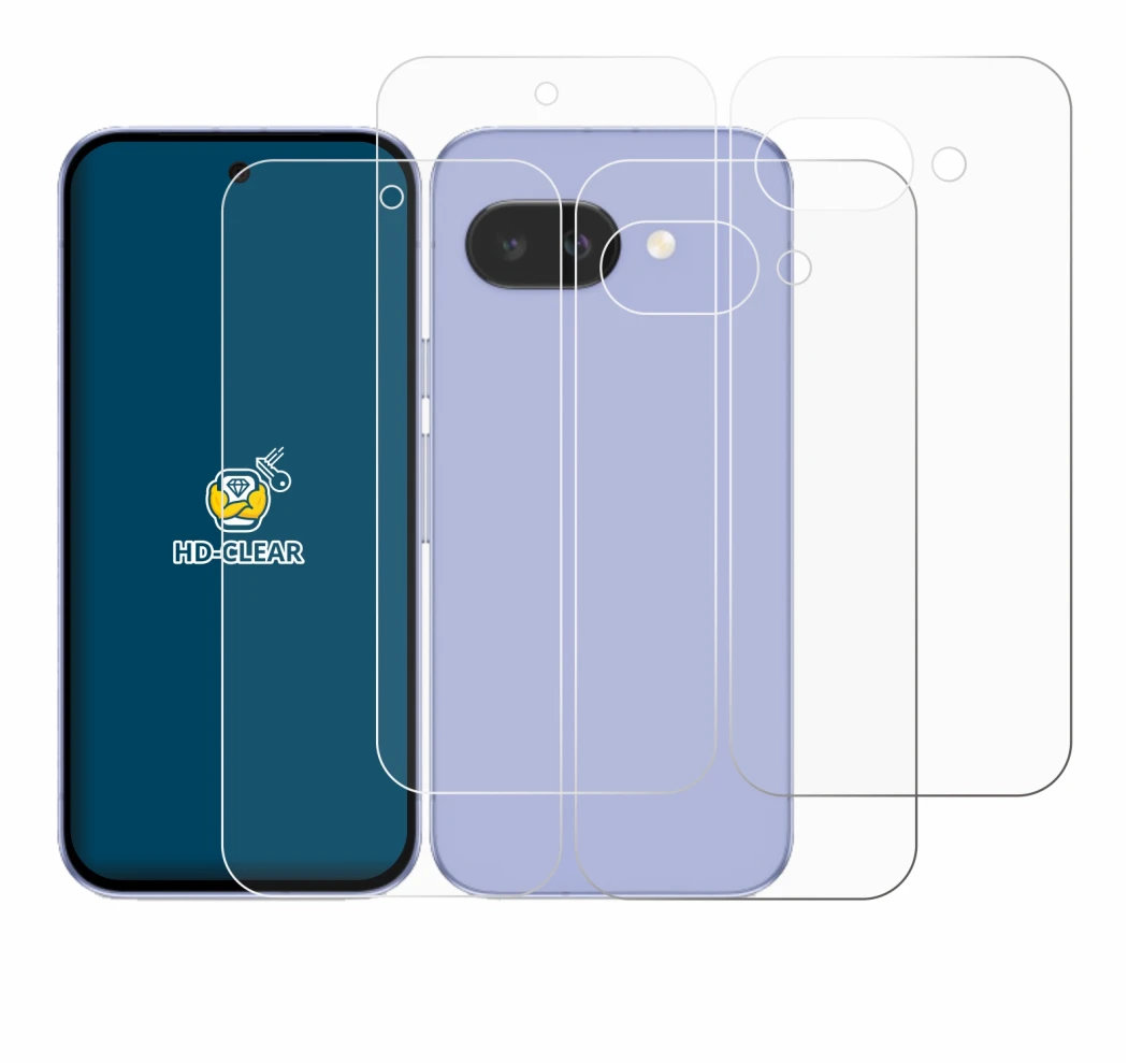 Image of the device Google Pixel 9a (Front+Back) with a wide variety of screen protectors.
