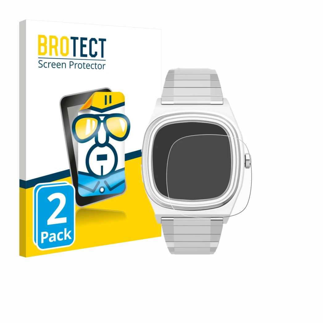 Front side of a product packaging with the brand logo BROTECT. Next to it is the device Timex Reissue 1983 E shown with the co