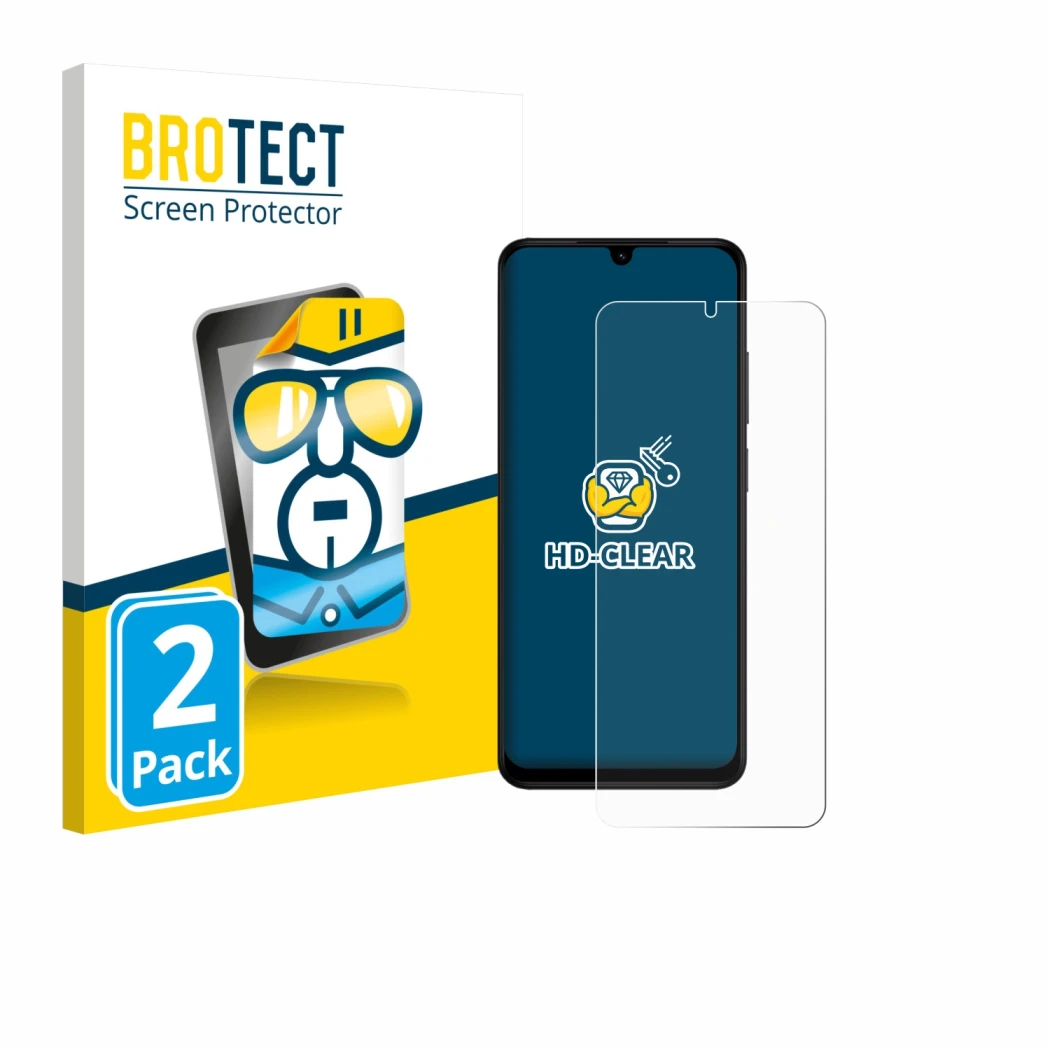 Front side of a product packaging with the brand logo BROTECT. Next to it is the device Xiaomi Redmi A5 shown with the corresp