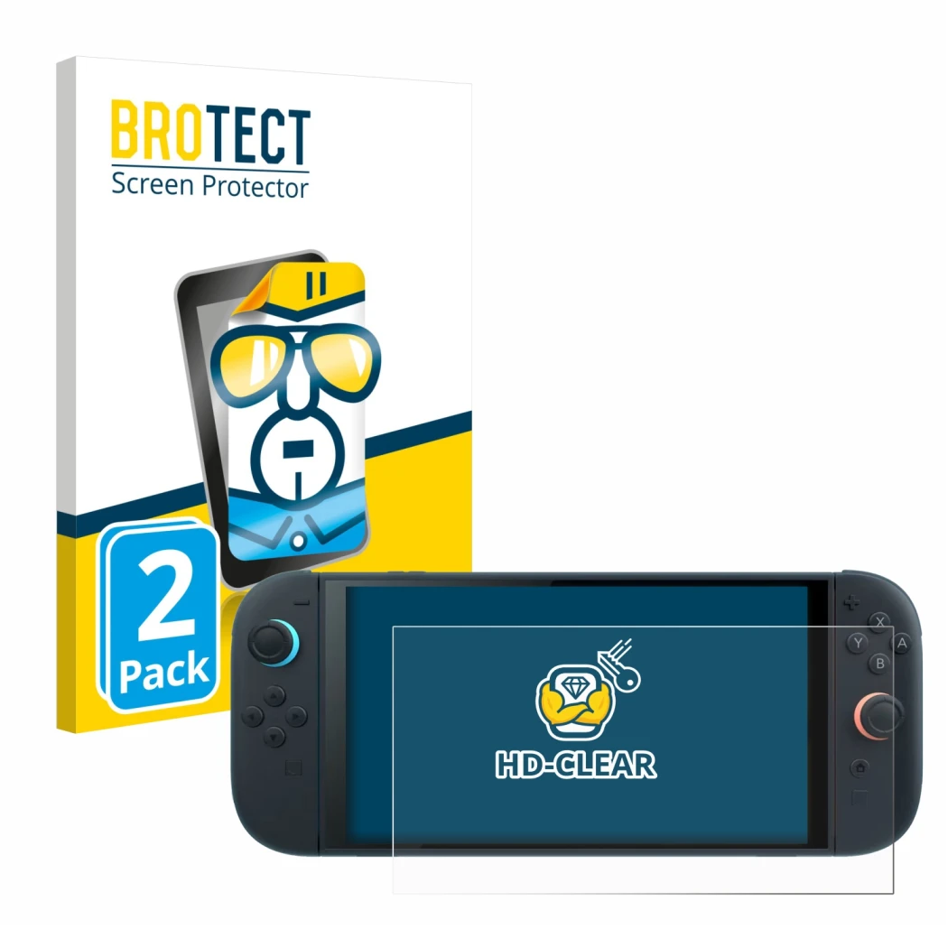Front side of a product packaging with the brand logo BROTECT. Next to it is the device Nintendo Switch 2 shown with the corre