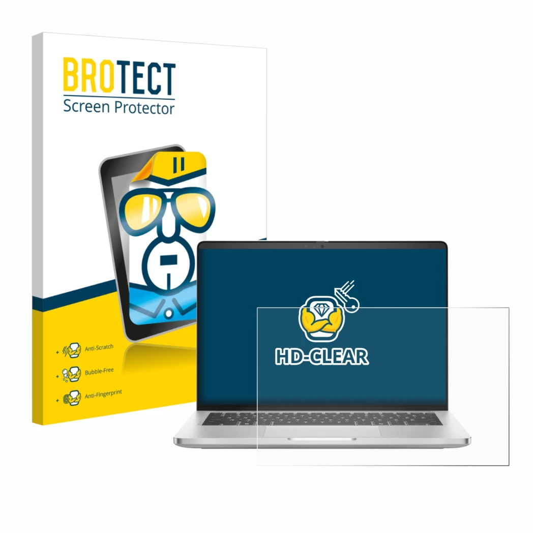 Front side of a product packaging with the brand logo BROTECT. Next to it is the device Dell Pro 14 Plus PB14250 shown with th