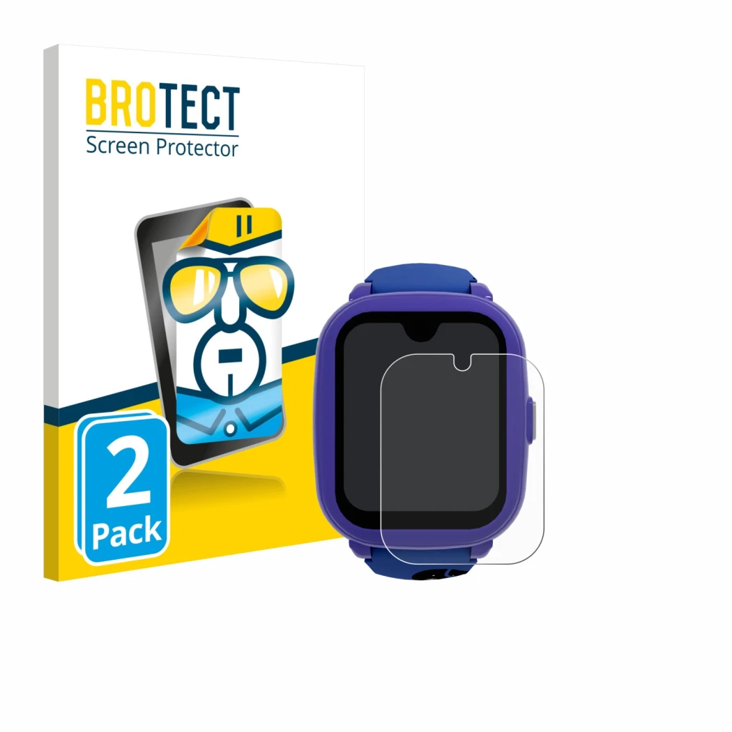 Front side of a product packaging with the brand logo BROTECT. Next to it is the device SaveFamily Iconic Plus 2 4G shown with
