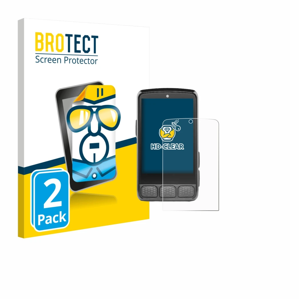 Front side of a product packaging with the brand logo BROTECT. Next to it is the device Wahoo Elemnt Roam V3 shown with the co