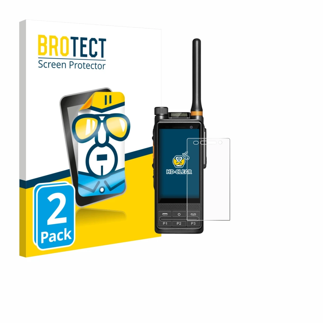 Front side of a product packaging with the brand logo BROTECT. Next to it is the device Hytera PDC680 shown with the correspon