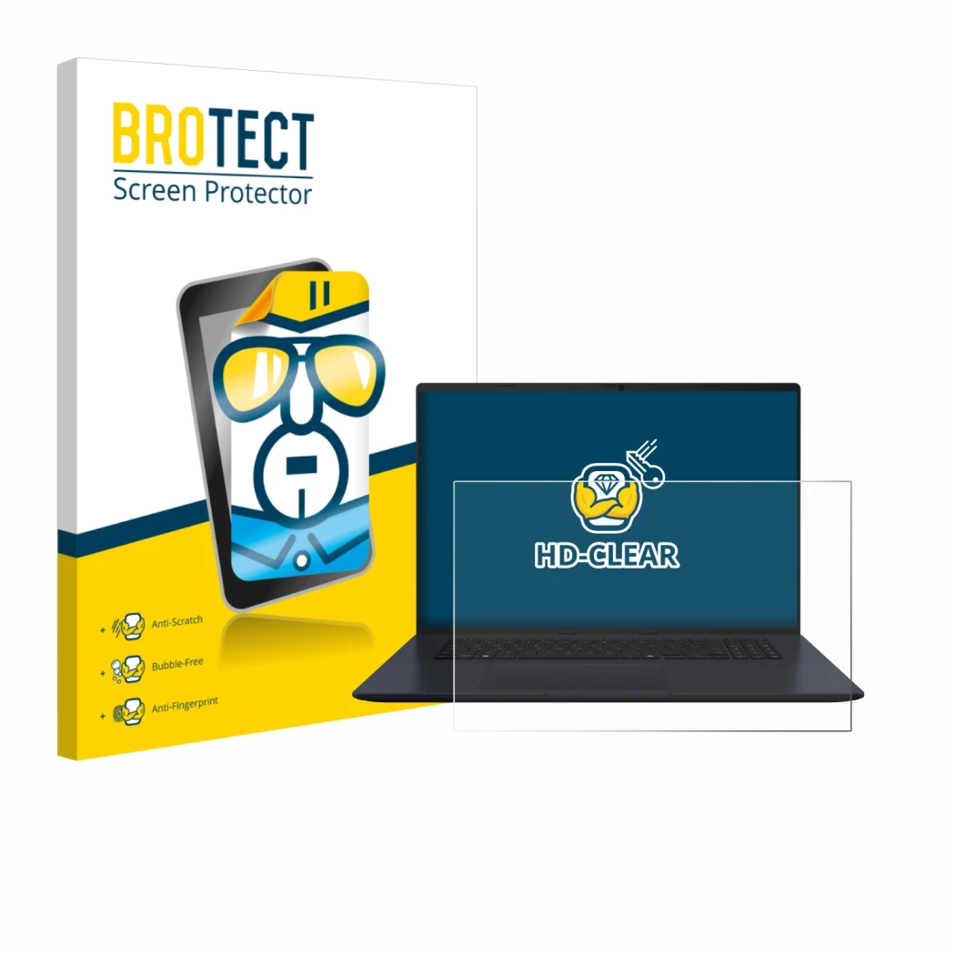 Front side of a product packaging with the brand logo BROTECT. Next to it is the device ASUS Vivobook 18 M1807 shown with the 