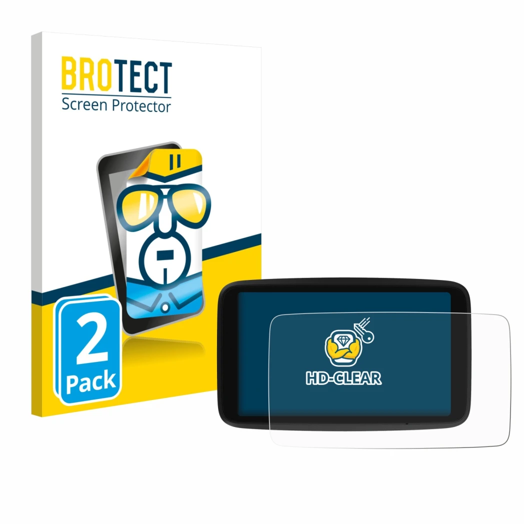 Front side of a product packaging with the brand logo BROTECT. Next to it is the device TomTom Go Navigator 6