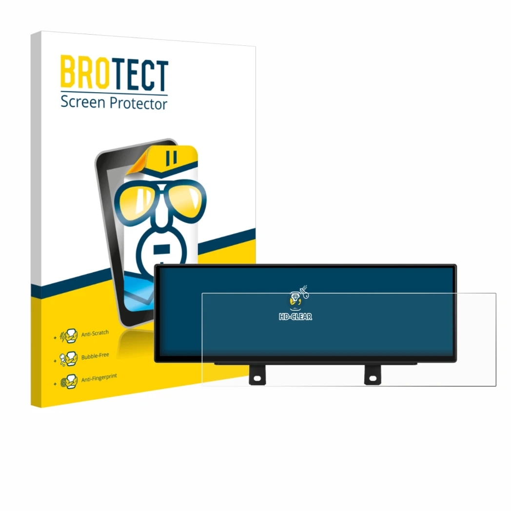 Front side of a product packaging with the brand logo BROTECT. Next to it is the device Xtrons QLB42THNBR shown with the corre