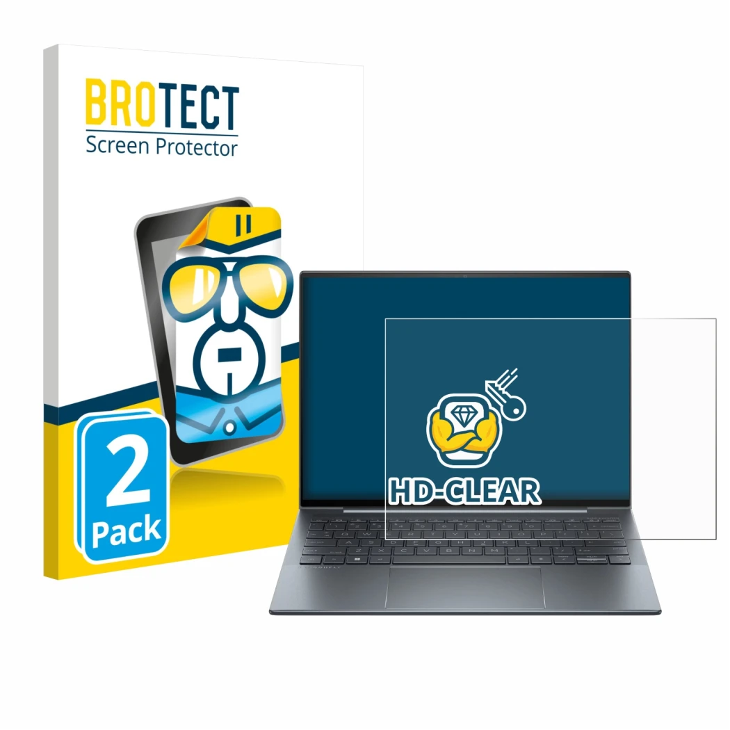 Front side of a product packaging with the brand logo BROTECT. Next to it is the device HP Dragonfly 13.5