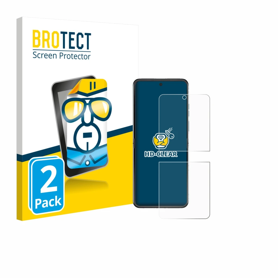 Front side of a product packaging with the brand logo BROTECT. Next to it is the device Motorola Razr 60 shown with the corres