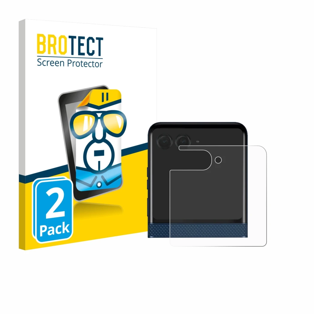 Front side of a product packaging with the brand logo BROTECT. Next to it is the device Motorola Razr 60 (Back display) shown
