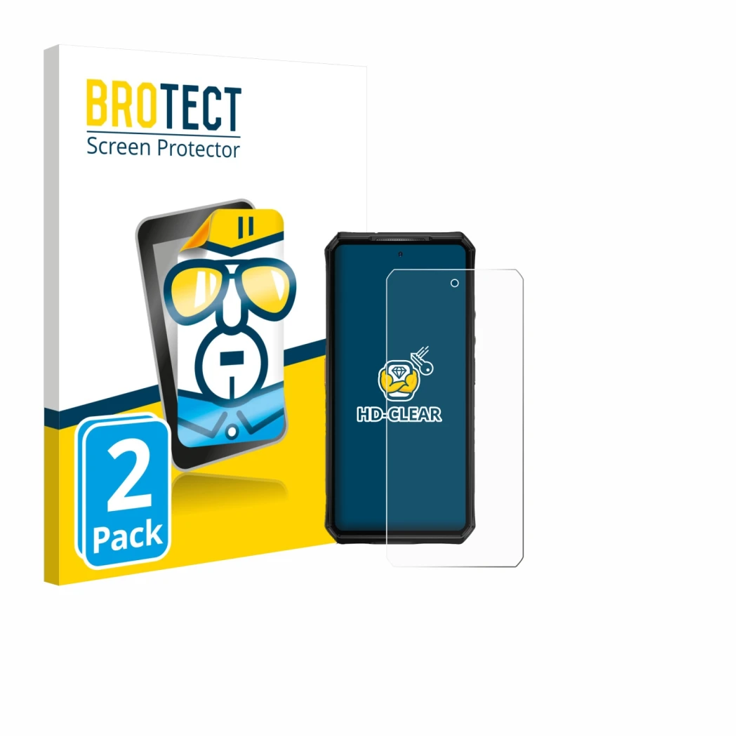 Front side of a product packaging with the brand logo BROTECT. Next to it is the device Ulefone Armor 28 Pro shown with the co