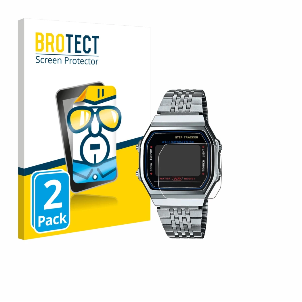 Front side of a product packaging with the brand logo BROTECT. Next to it is the device Casio iconic ABL-100WE-1A shown with t