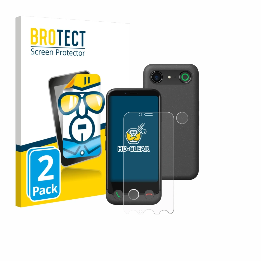 Front side of a product packaging with the brand logo BROTECT. Next to it is the device Doro Aurora A10 (Front+Camera) shown w