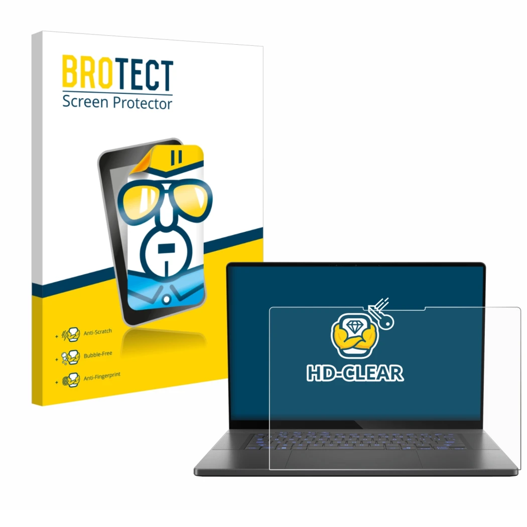 Front side of a product packaging with the brand logo BROTECT. Next to it is the device ASUS ROG Zephyrus G16 2025 shown with 