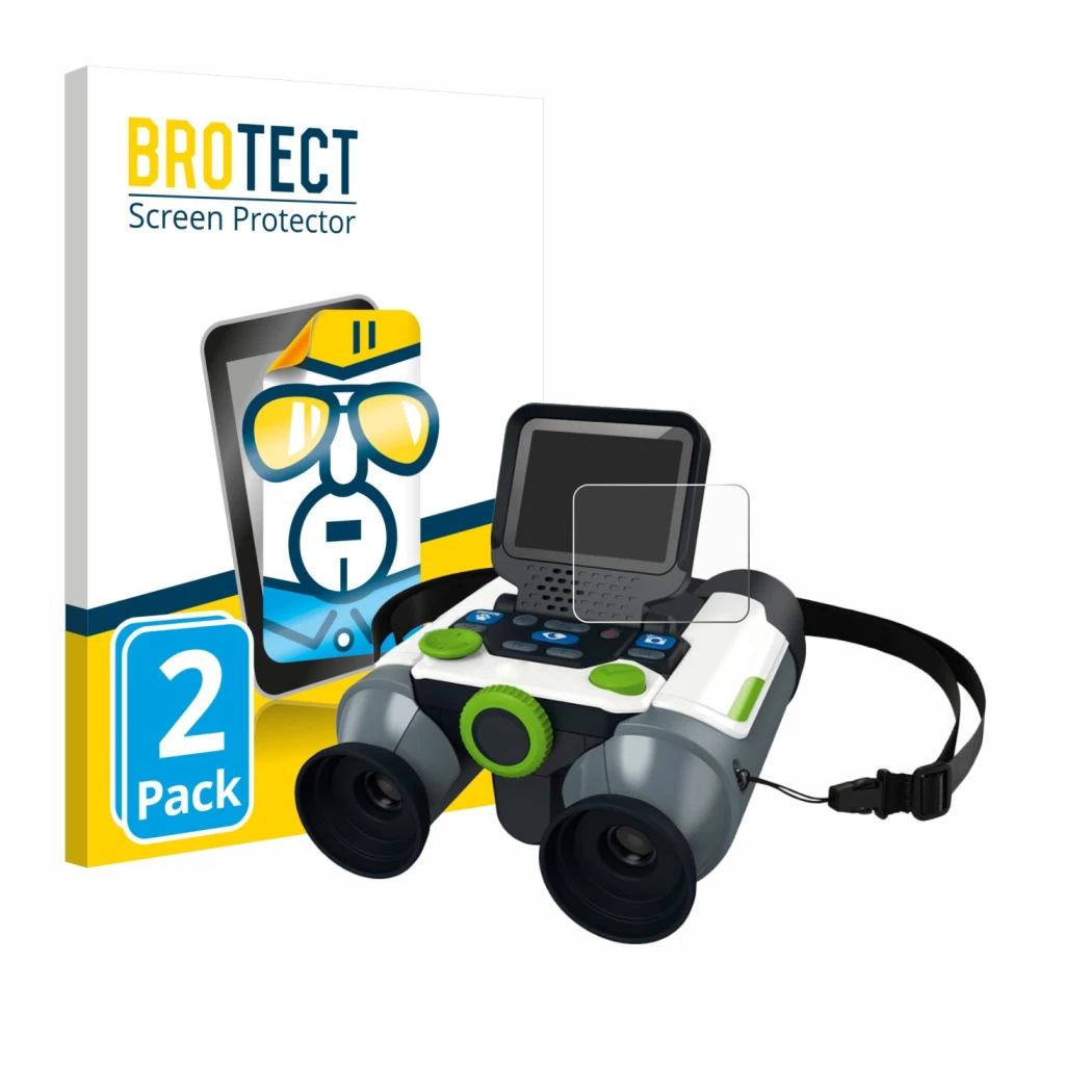 Front side of a product packaging with the brand logo BROTECT. Next to it is the device Vtech Interactive Video Binoculars sho