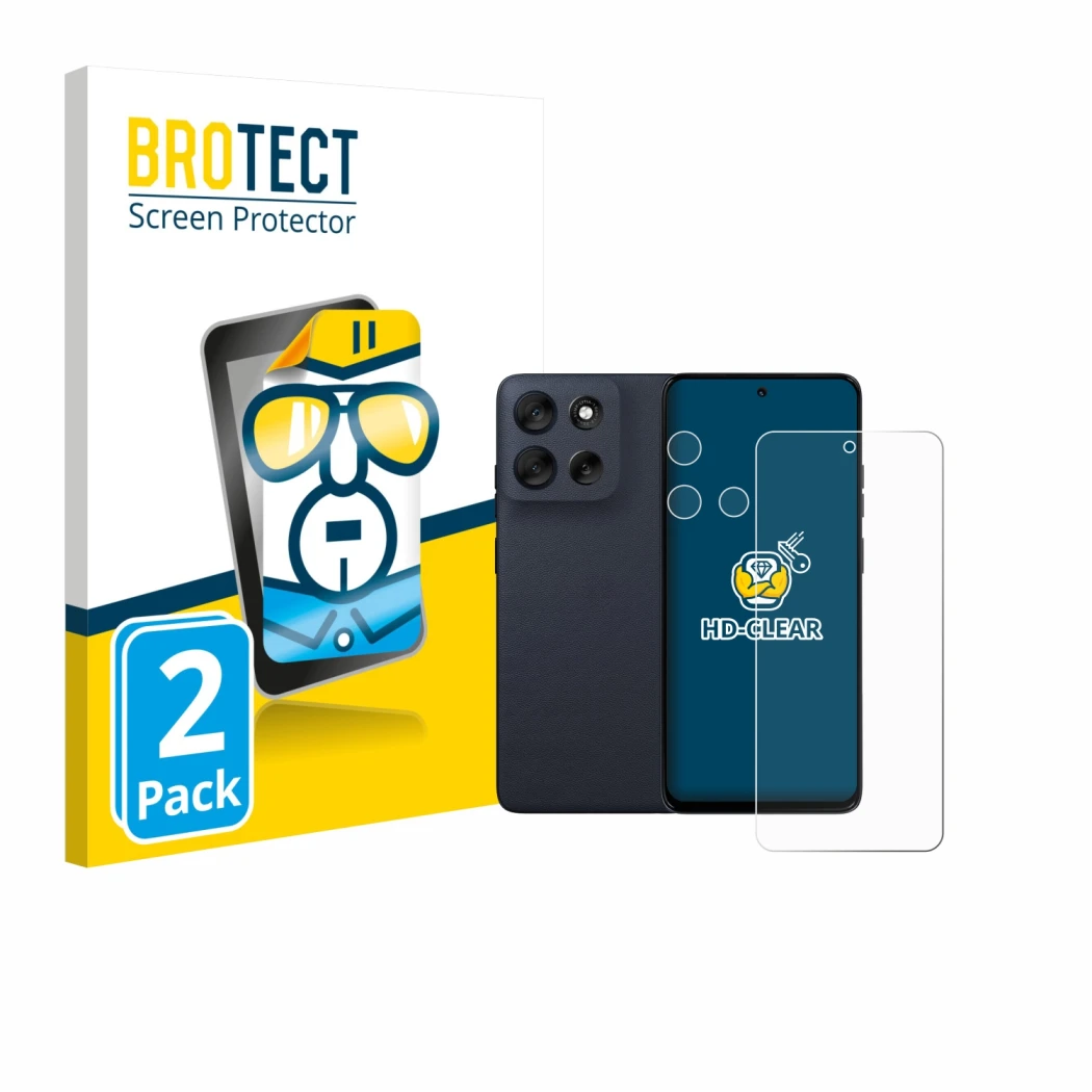 Front side of a product packaging with the brand logo BROTECT. Next to it is the device Motorola Moto G56 (Front+Camera) shown