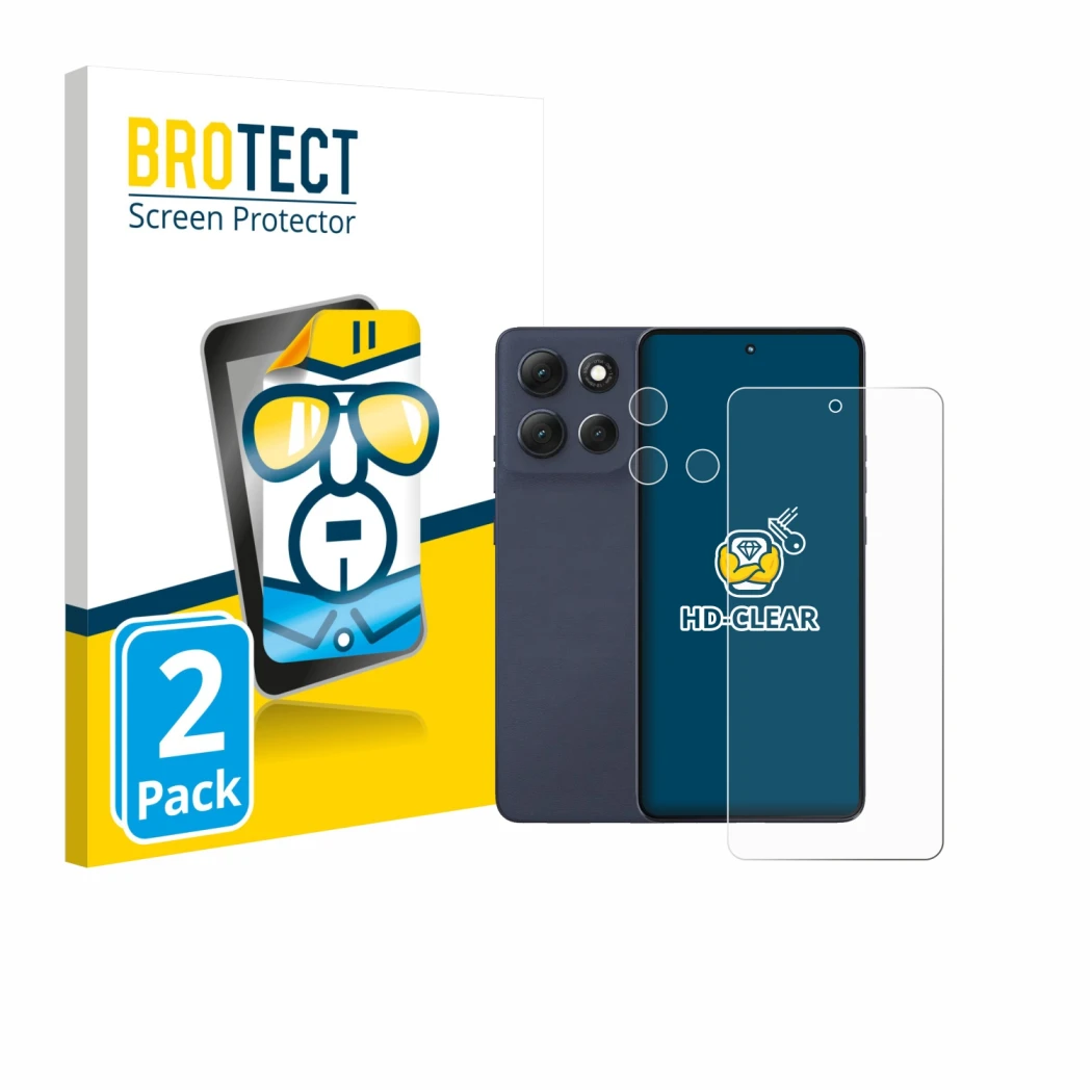 Front side of a product packaging with the brand logo BROTECT. Next to it is the device Motorola Moto G86 (Front+Camera) shown
