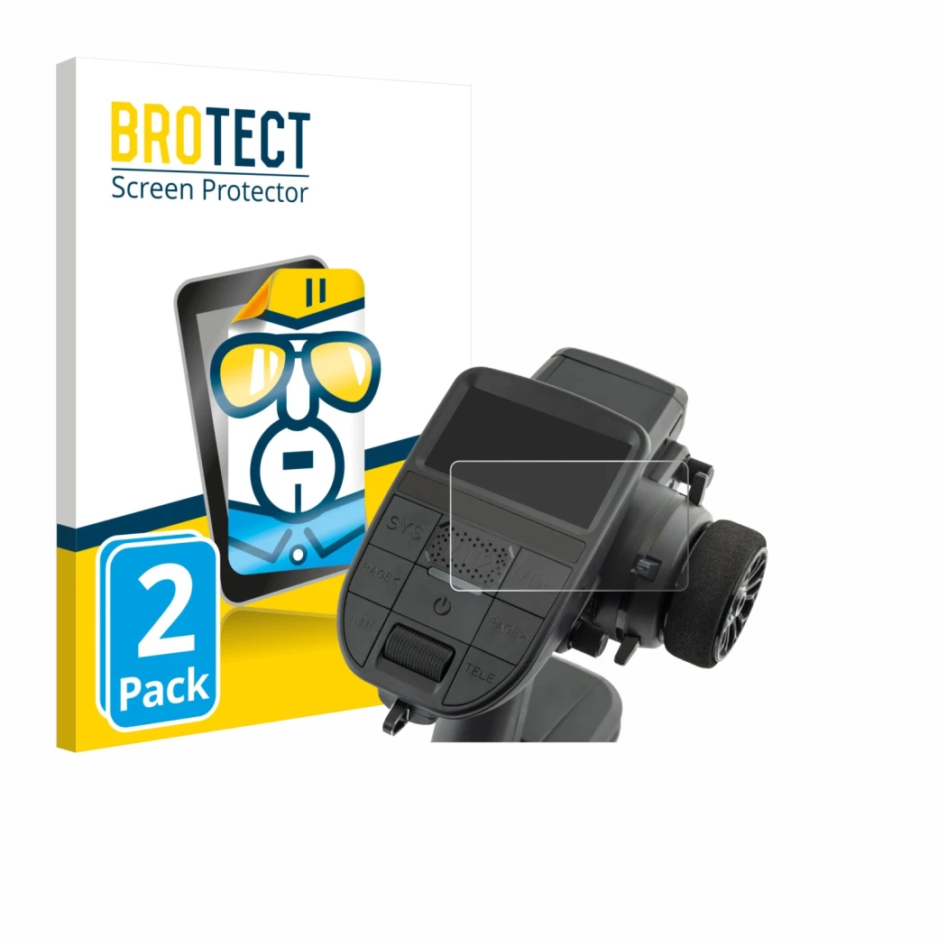 Front side of a product packaging with the brand logo BROTECT. Next to it is the device Radiomaster MT12 shown with the corres