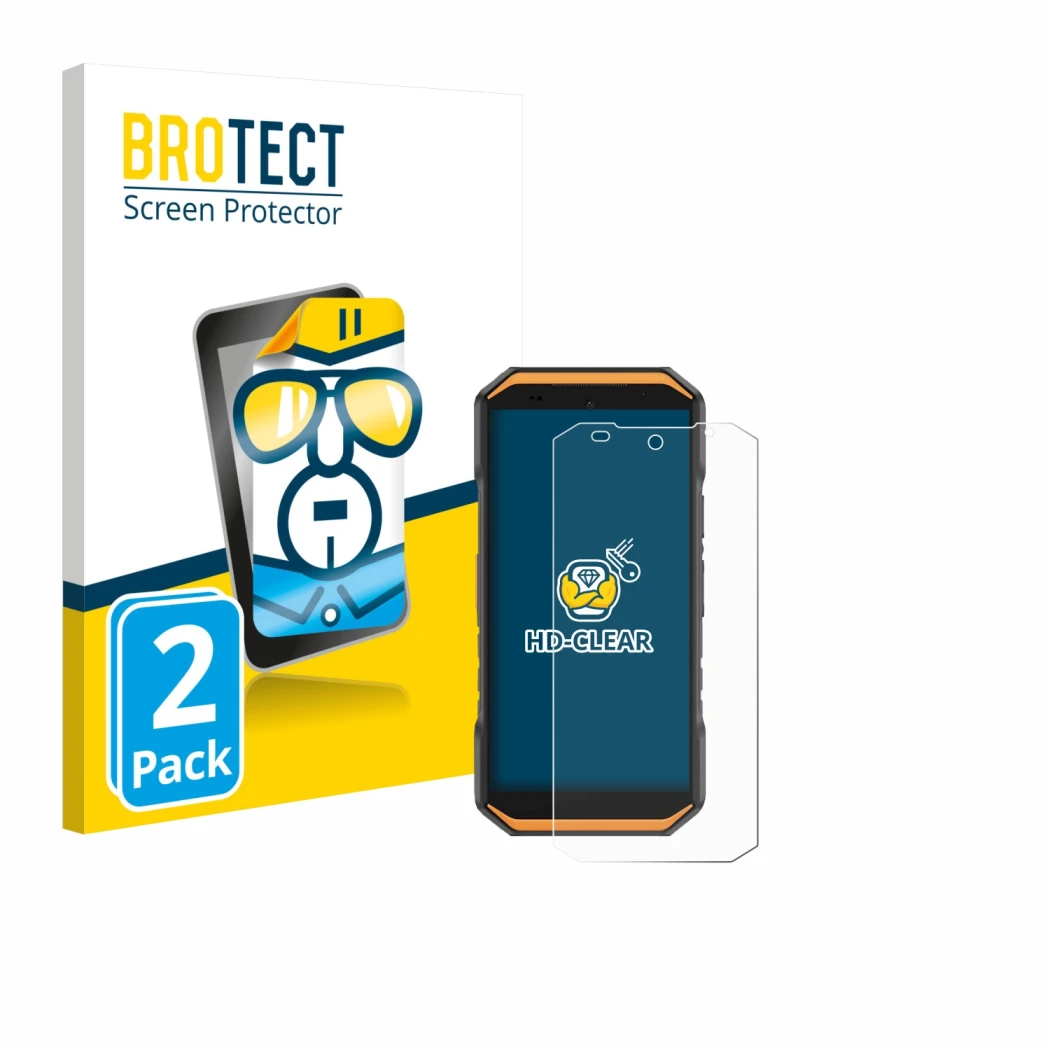 Front side of a product packaging with the brand logo BROTECT. Next to it is the device Ulefone Armor X32 Pro shown with the c