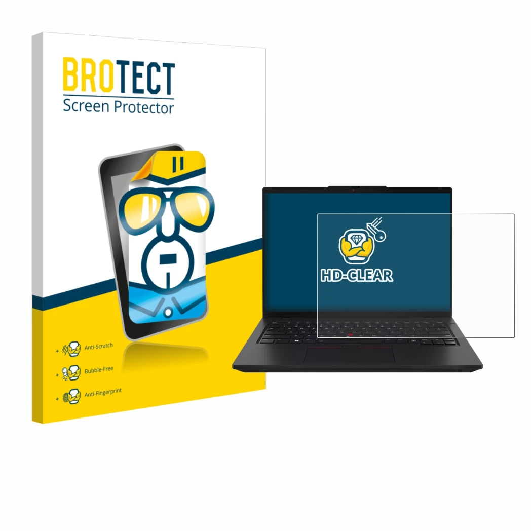 Front side of a product packaging with the brand logo BROTECT. Next to it is the device Lenovo ThinkPad L14 Gen 6 shown with t